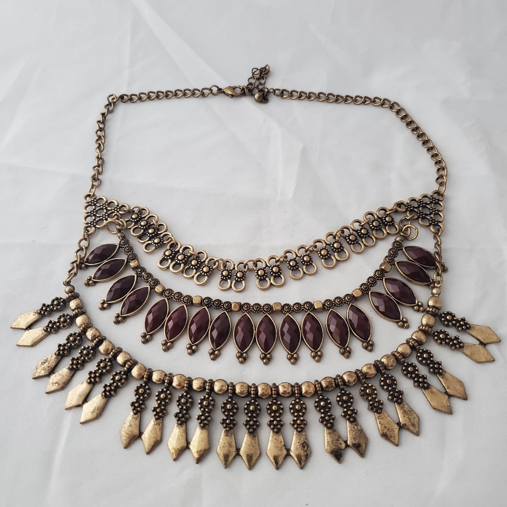 Statement Collar Necklace Large Red/Burgundy Bras… - image 4